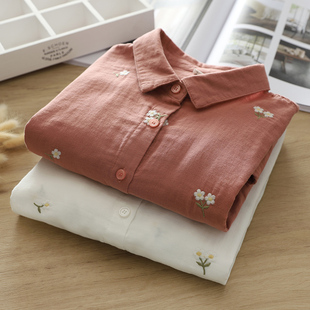 女宽松百搭文W艺纯棉柔软衬衣 衬衫 2025春季 刺绣小花双层棉纱长袖