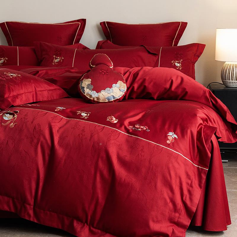 高端160支长绒棉刺婚庆四件套全嫁棉床单新婚床红色绣被套结TEO婚