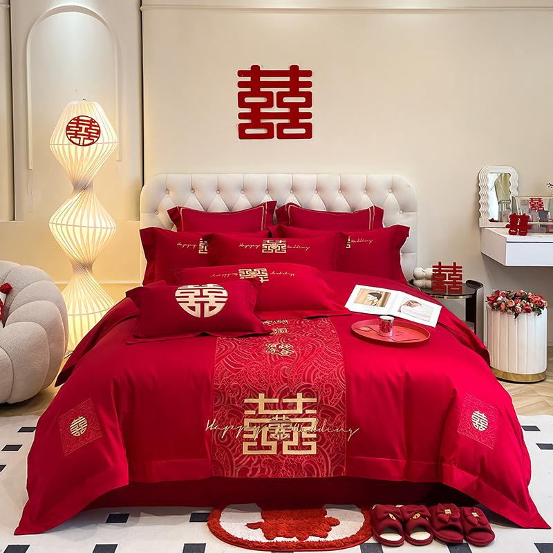 中式龙凤刺绣婚上四件套红色婚陪嫁床单被套床结用品送庆礼ZD大红