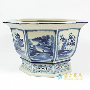 景德镇陶瓷仿古青花手绘缠枝莲山水多边形花盆养花多肉种植盆摆件