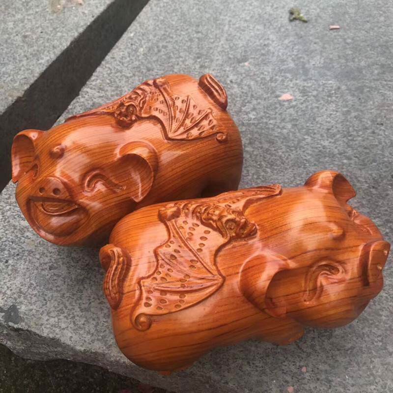 木雕招财福猪摆件风水木质工艺品笑脸猪和气生财猪 花梨对猪