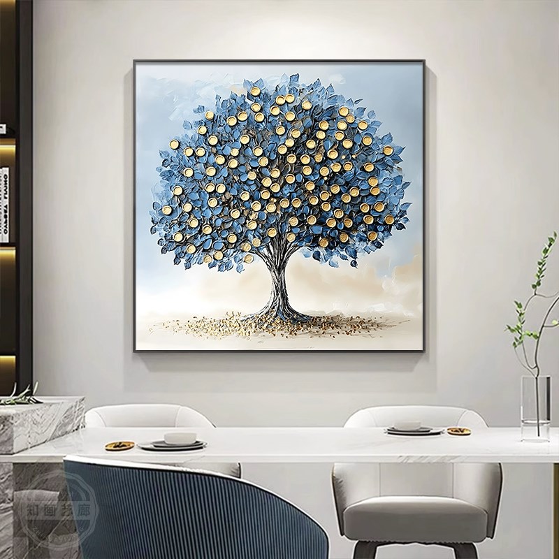 抽象发财树餐厅装饰画蓝色沙发背景墙挂画玄关酒店正方形壁画图片