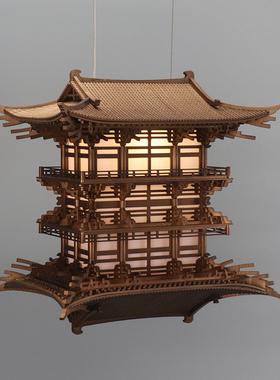 中式木雕古建筑软装前台壁挂装饰空中吊饰悬挂饰品灯实木镜像倒影