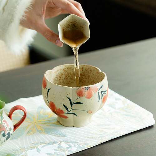 青花火石红纯手绘桃花建水茶洗家用储水盂茶渣桶配件洗废水桶