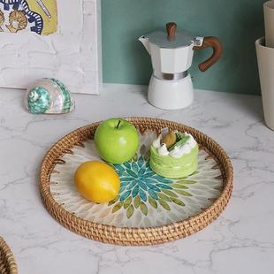 南亚进口手工藤物SGJ编贝壳盘果圆篮置盘清东新桌面托盘面包篮茶