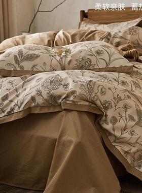 中式风100四秋支全棉长绒棉双面磨毛件套冬可纯棉床用单XS12284被