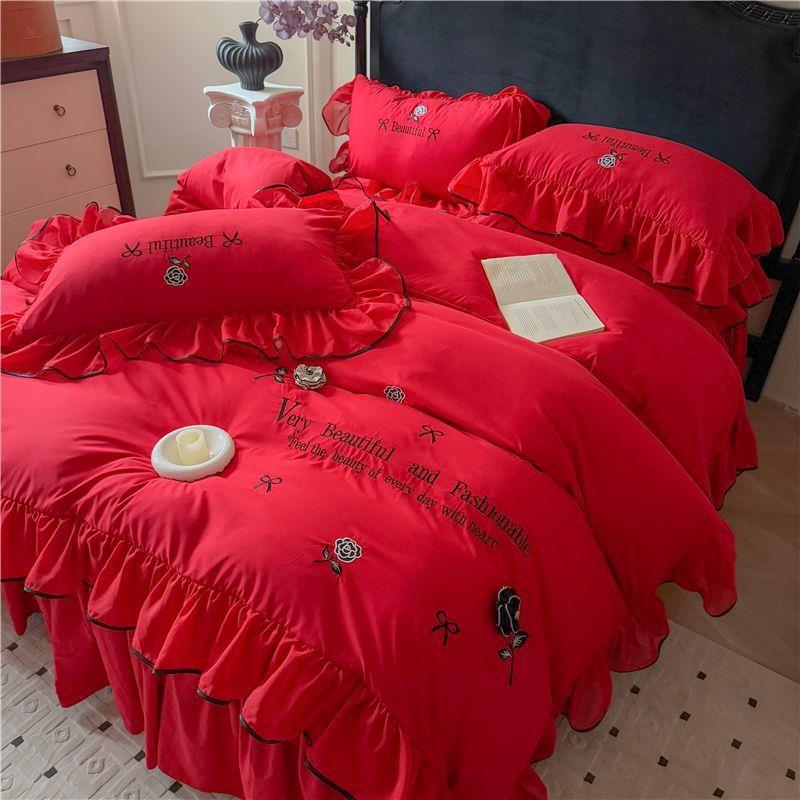 韩版花边刺水绣件洗棉床Z6APM2PE裙四套厚被套床加上用品床单