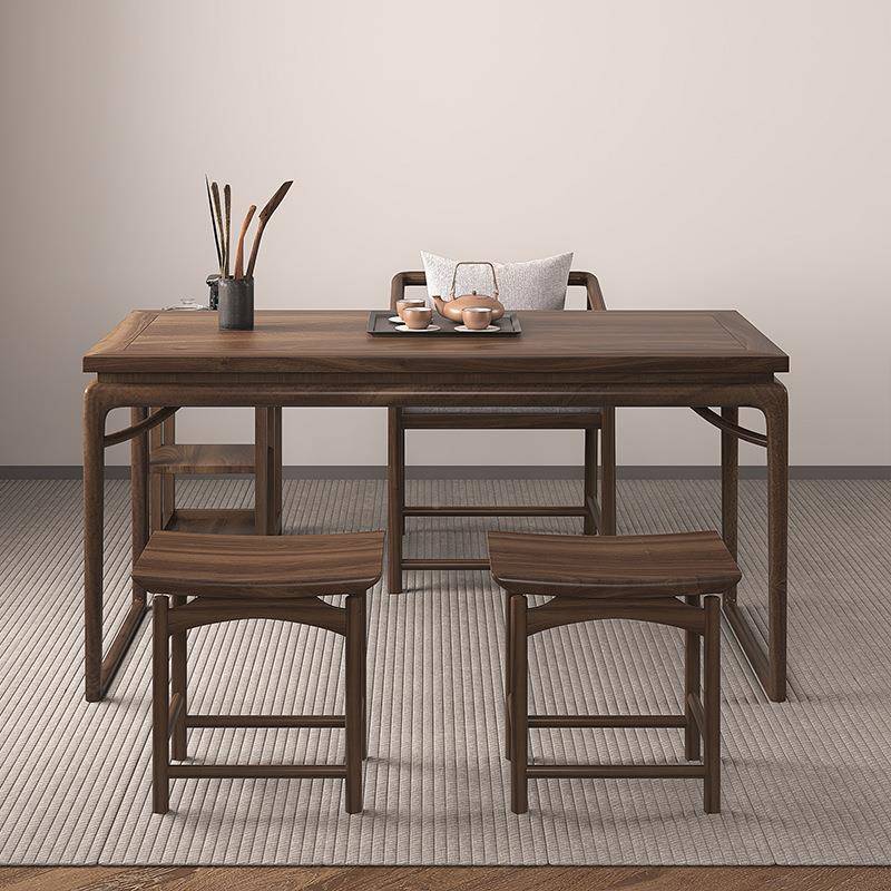 新实中式榆木合UYZ茶桌椅组黑胡桃小户型家用阳台色茶几木功夫小