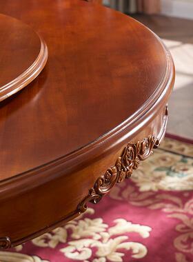 美式全实木圆餐桌欧式约带转盘餐厅1奢.5米简DGG墅轻别雕花食饭桌