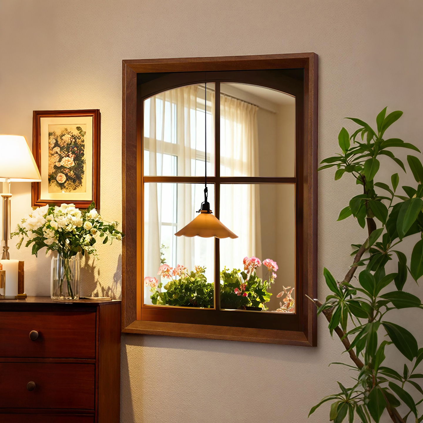 复古假窗户镜子书桌玄关装饰镜画斗柜餐厅卧室客厅过道壁画真镜子