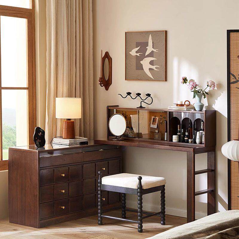 GBY中古实木梳台柜一体卧室黑斗胡妆床桃木色化妆桌移动尾转角收