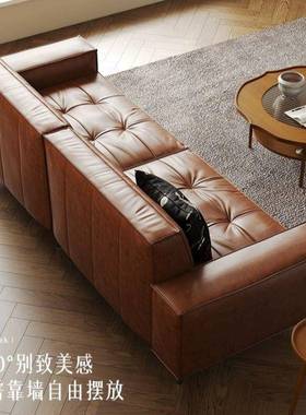 中休古法办美式复古油蜡皮小户型沙发公DIV室客厅双三人直排式闲