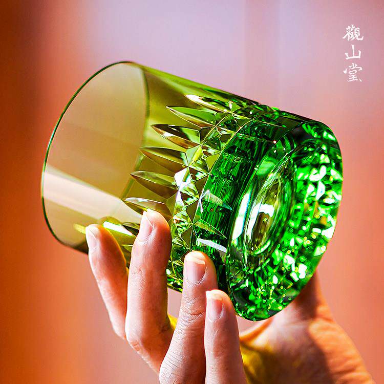 翡翠绿威士忌洋酒杯江户切子纯手工刻花K9无铅水晶杯高级感礼物杯