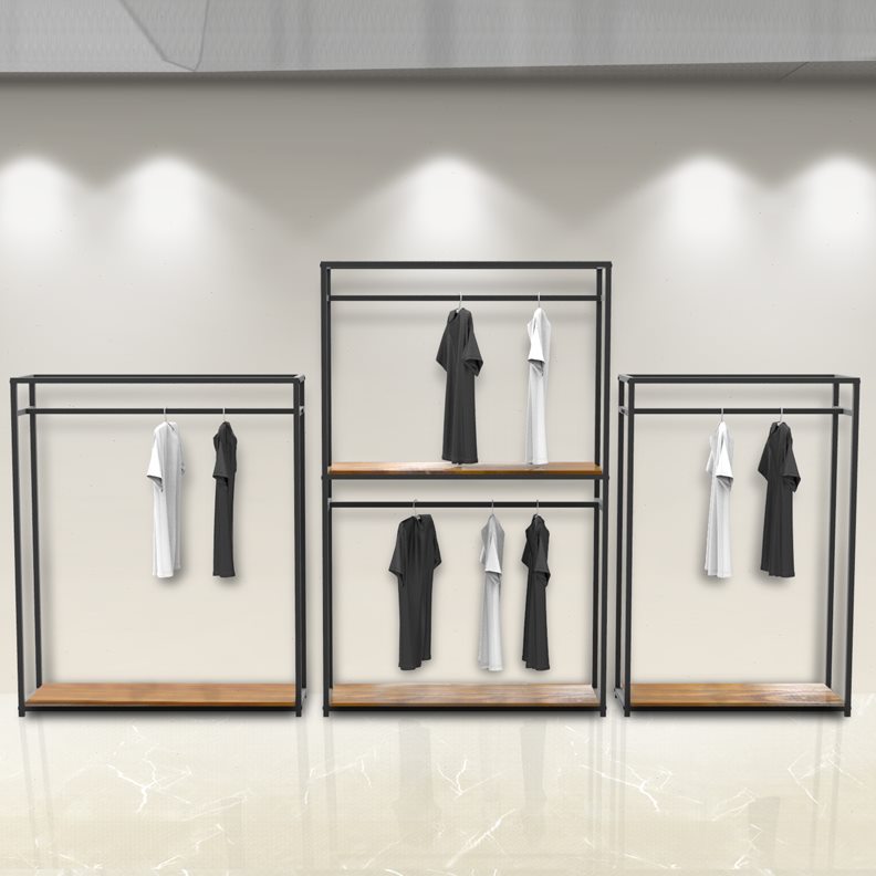 服装店展示架实木铁艺服装架高柜货架式挂衣架落地侧衣服双层复古