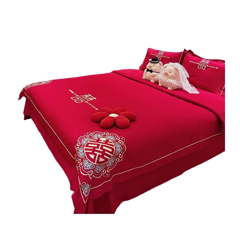 中式刺绣结婚四件套大红色新婚床单被套纯棉婚庆床上用品婚房喜被