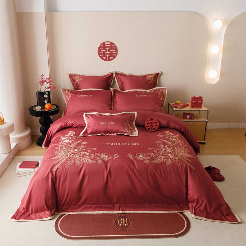 高档刺绣全棉结婚庆床上四件套纯棉婚床大红色床单被套陪嫁送礼