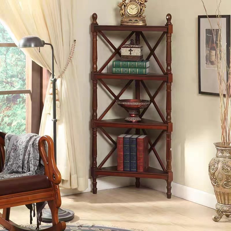 实木美式三角置物架落地收纳架客厅卧室小摆件陈列柜墙角书架角柜