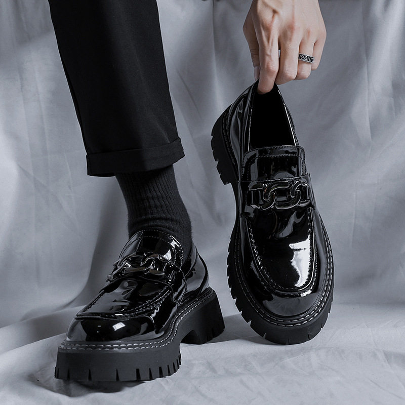 漆皮皮鞋秋季无鞋带一脚蹬亮面抛光厚底豆豆鞋男士高级感乐福鞋潮