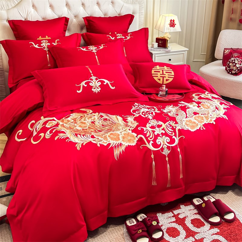 中式龙凤刺绣纯棉婚庆结婚四件套全棉大红色床单被套嫁妆喜被婚嫁