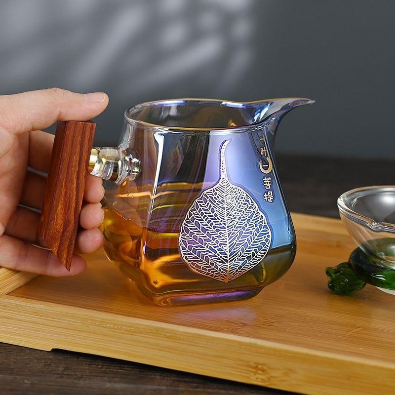 贝彩烧公道杯加厚玻璃分茶器实木防烫茶滤一体套装茶海高硼硅