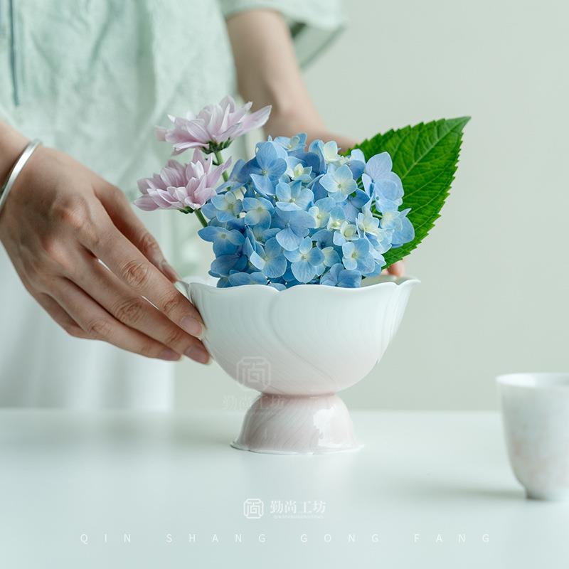 式渐变2024-6-1色高玫瑰足果盘小清新家用件陶瓷点心盘中茶道配茶