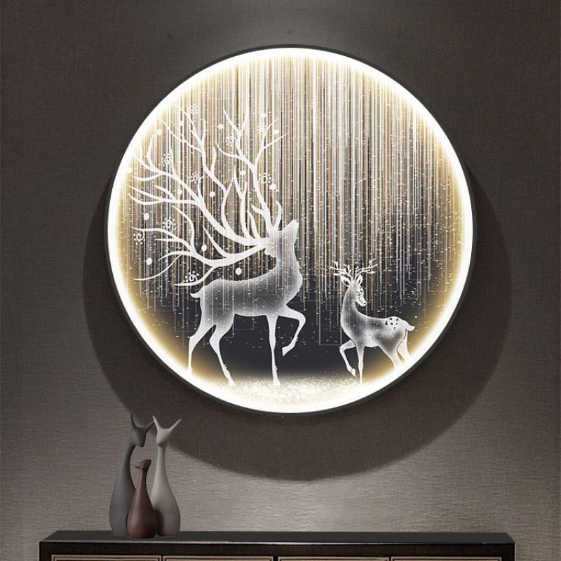 麋鹿圆形装饰画带灯LED玄关挂画入户走廊过道墙画壁灯轻奢风油画图片