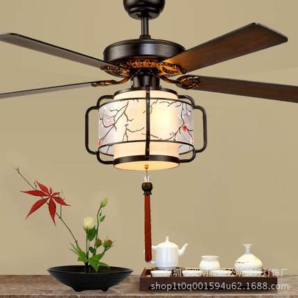 新中式吊扇式灯厅餐厅卧室风扇木叶6019静音中LED客灯饰灯电风扇
