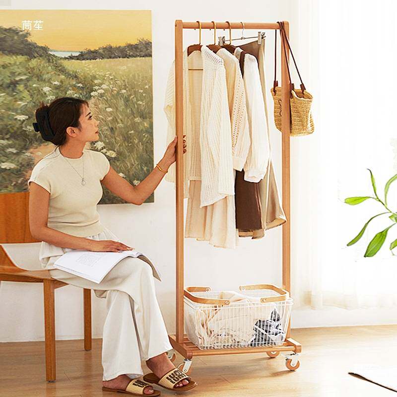 挂衣架落地卧室矮款实木不占空间家用衣服挂架可移动脏衣篓收纳架