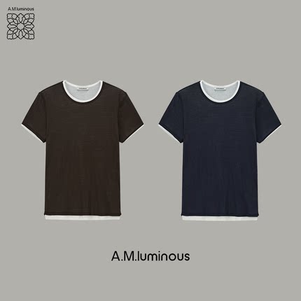 【AMluminous】100%长绒棉撞色白边圆领T恤鲁米短袖新款女士上衣