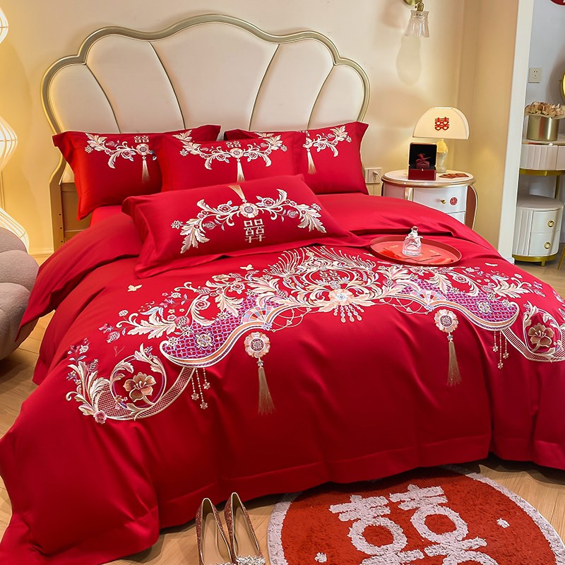 结婚喜庆全棉磨毛四件套红色刺绣婚庆婚礼被套床单床上用品4