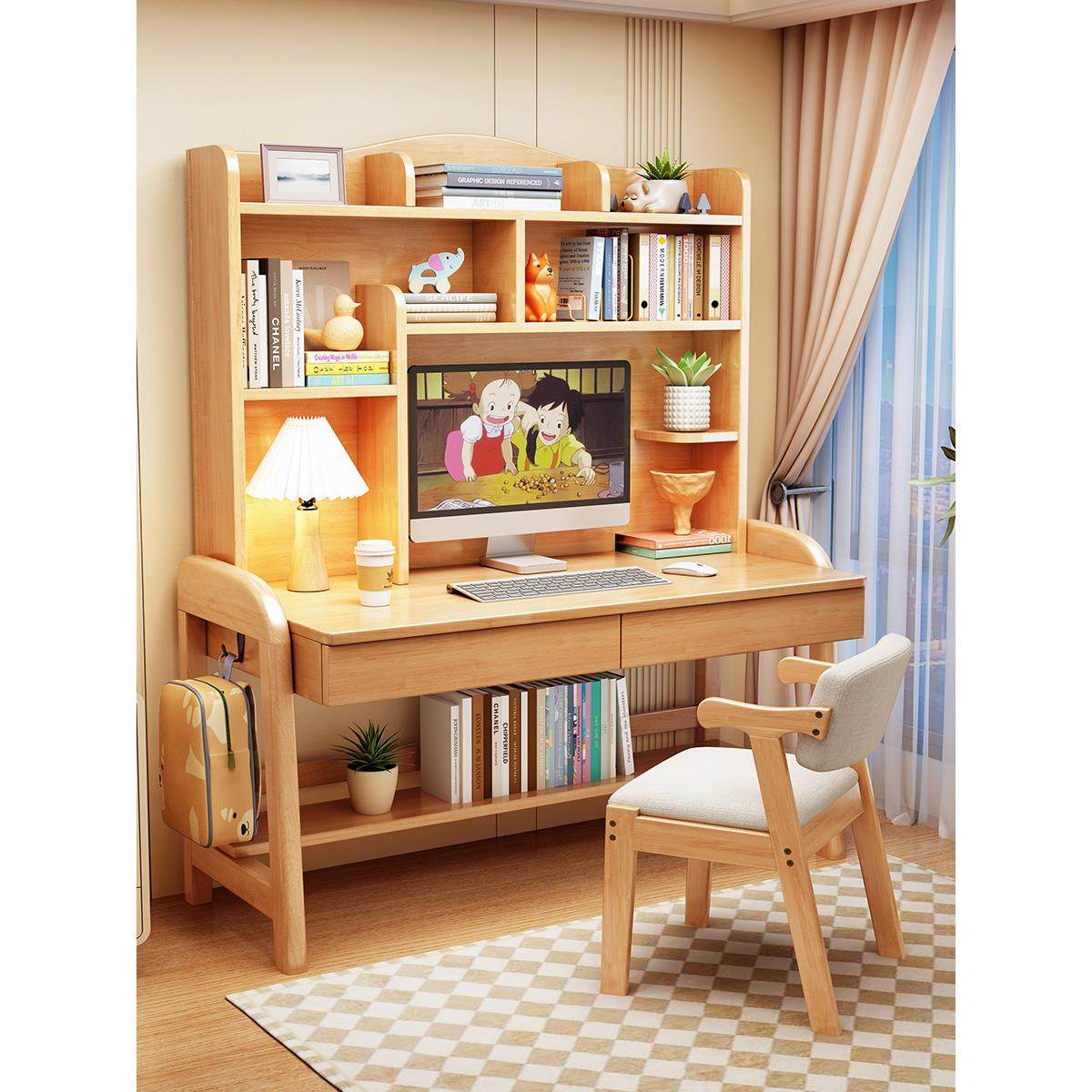 儿童学习桌子中小学生实木书桌带书架小孩子可升降家用课桌椅套装