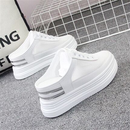 2020夏季镂空透气网鞋女小白鞋无后E跟懒人鞋厚底7CM内增高半拖鞋