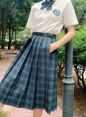 【海苔】60CM现货掉落 JK制服裙墨G绿格裙优等生中长百褶裙 送领