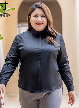 黑色衬衫女大f码春秋职业正装工作服胖mm加肥工装V领弹力长袖衬衣