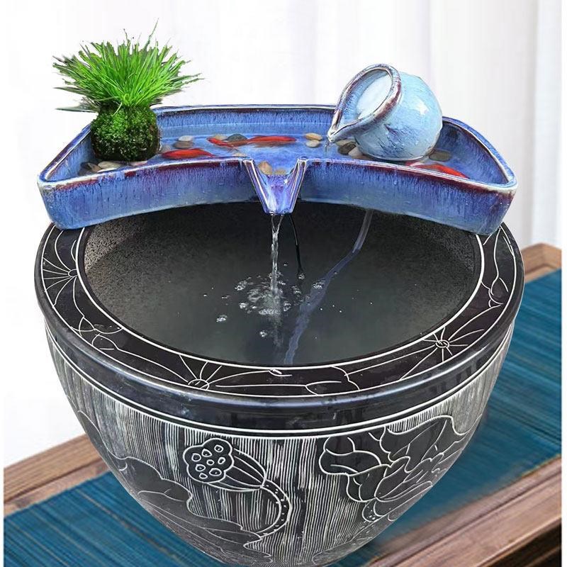 水缸造景摆件循环流水鱼缸陶瓷流水器过滤增氧双层养鱼盆搭配茶台