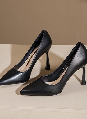 职业高跟鞋女2024新款软皮久站B不累脚工作鞋黑色细跟百搭正装单