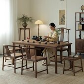 方茶桌椅组合长简约茶台新中式 茶桌泡茶桌实木禅意黑胡桃木茶几