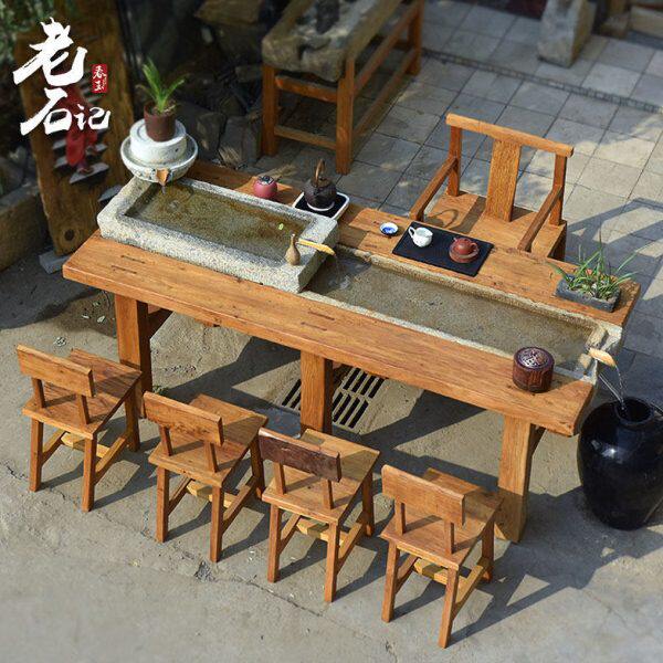 老榆木茶桌全实木石器茶海流水大板桌椅组合复古功夫长桌石磨景观