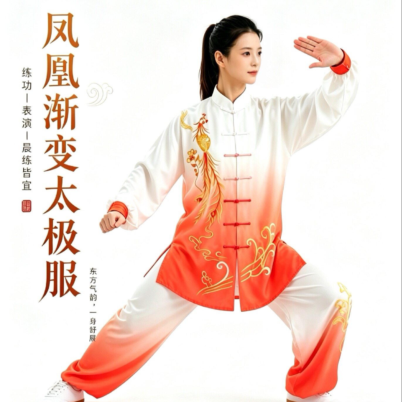 太极服女新款高端比赛表演渐变色太极拳练功服男春秋武术服装橙白