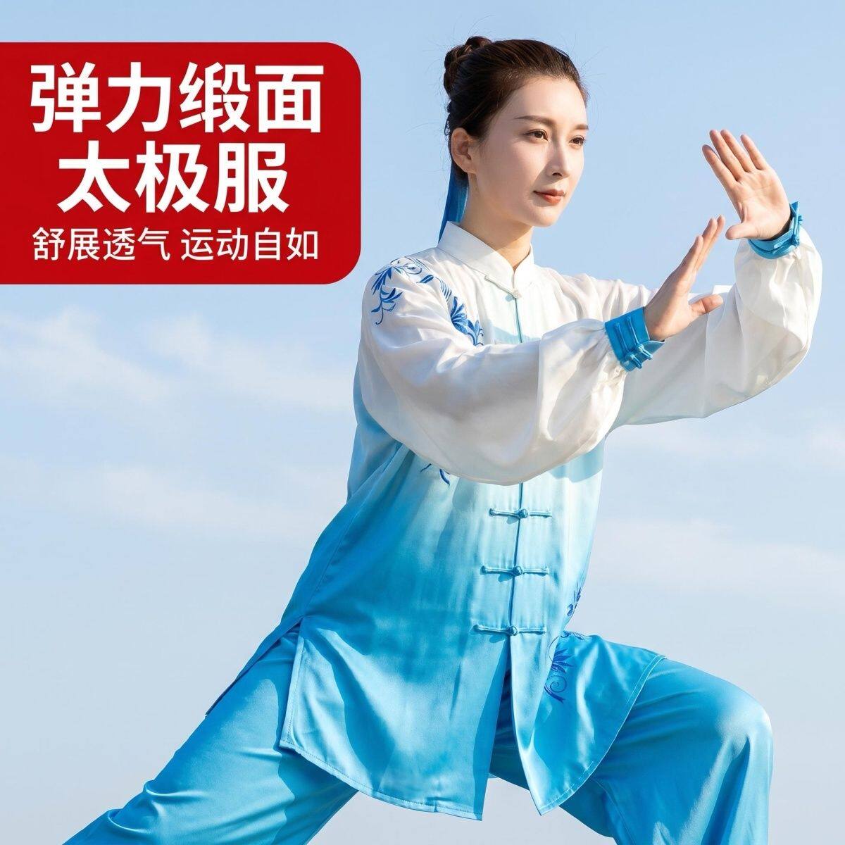 品牌高端太极服女渐变刺绣春秋中国风太极拳练功服套装武术表演服