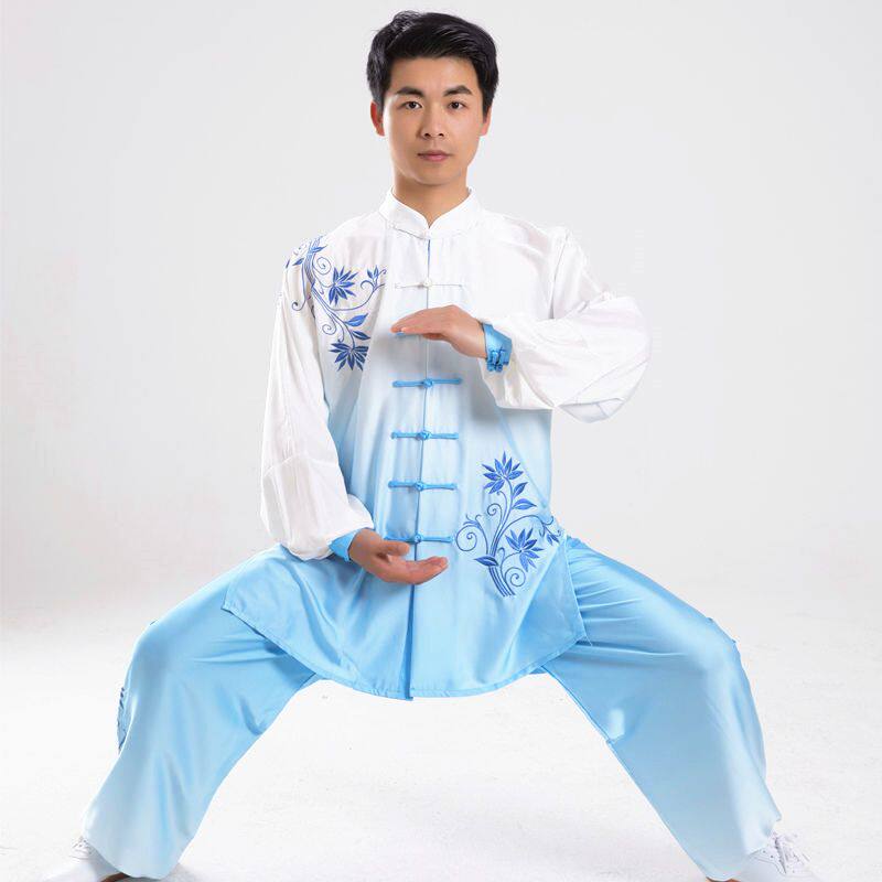 刺绣青花瓷渐变色太极拳练功服男女八段锦武术表演服四季款