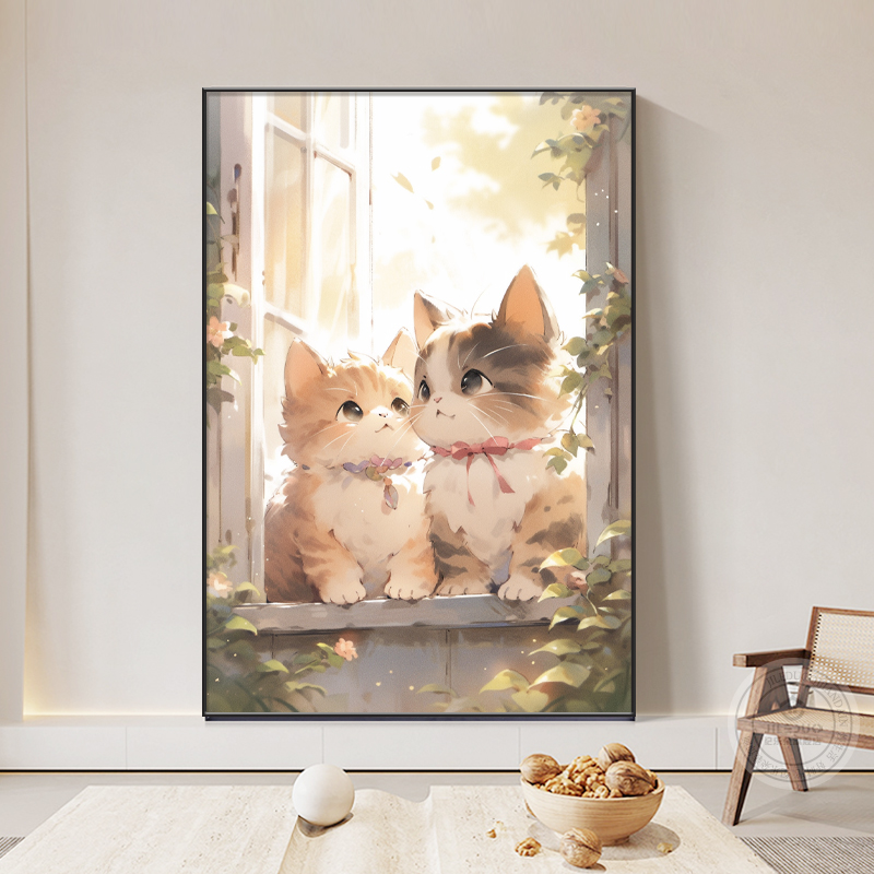 现代简约系猫咪装饰画客厅沙发背景墙挂画竖版餐厅餐边柜壁画