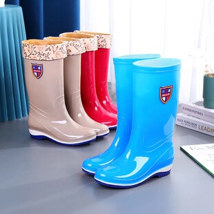 时尚 冬季 雨靴工作W厨房防水套 女加绒保暖防滑防水胶鞋 中高筒雨鞋