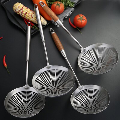 304漏勺加厚不锈钢大号沥水捞篱酒店用品网漏火锅捞面木柄大捞勺