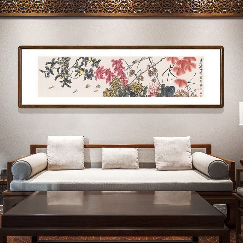 国画花卉字画新中式客厅背景墙装饰画书房横版壁画齐白石繁花似锦图片