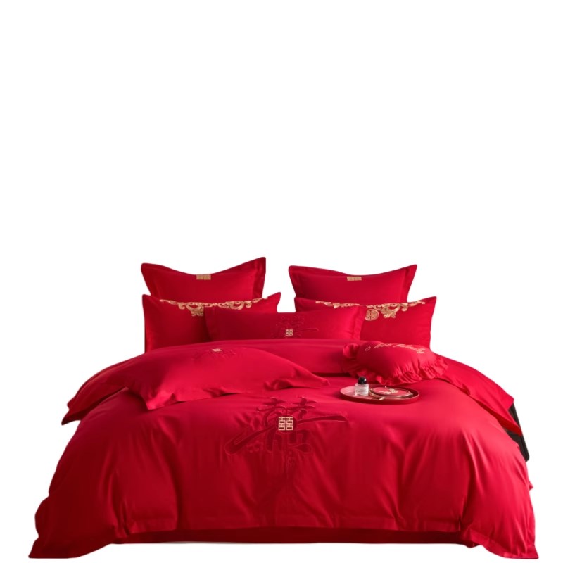 中式简约结婚四件套大红色婚礼陪嫁被套纯棉婚庆床上用品婚房备婚