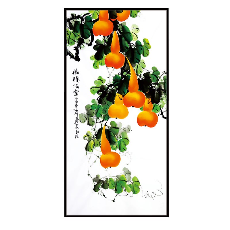 新中式福禄满堂装饰画橙黄色葫芦绿藤晶瓷画家庭入户玄关长幅挂画图片