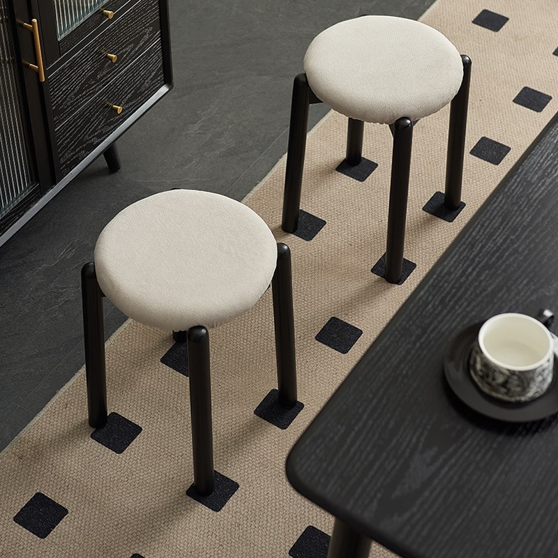 实木餐凳家用软包矮m凳卧室化妆凳客厅可叠放凳子黑色餐桌凳圆凳