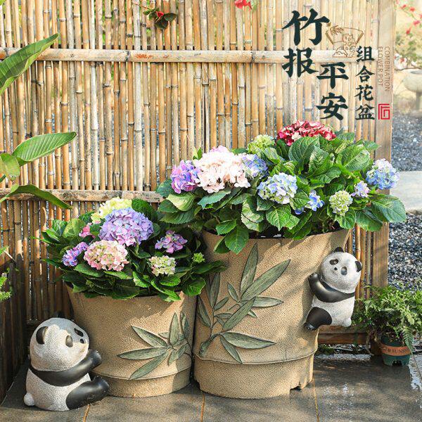 陋石坊庭院花盆摆件中式院子花园露台可爱大熊猫装饰种养植物盆景