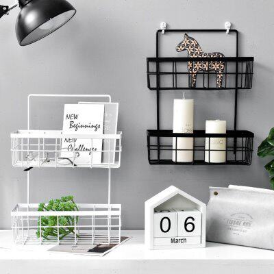 日式墙面双层铁艺篮收纳架ins浴室厨房壁挂上置物北欧储物筐杂物